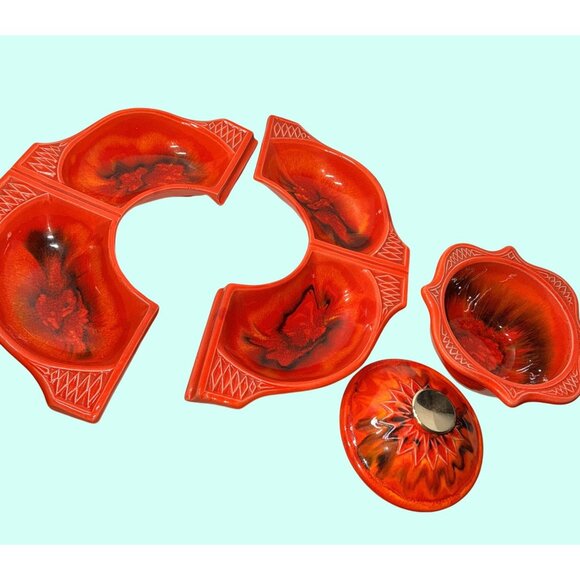 Calif. Orig. 755 759 U. S. A. Pottery MCM Serving Set Bright Orange Red - Picture 9 of 12